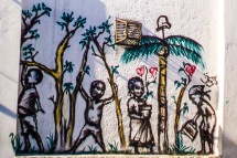small children under palm trees graffiti